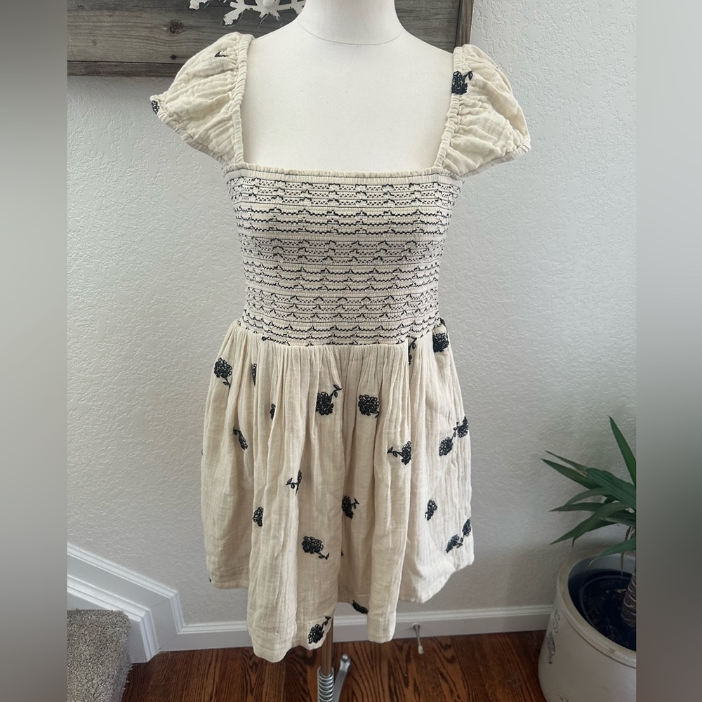 Free People Tory Cream Smocked Mini Dress with Black Floral Embroidery L NWT